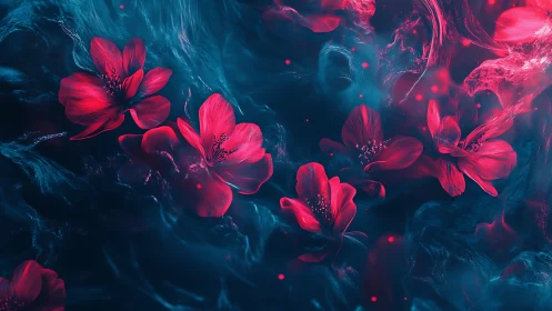 Neon Red Flowers Against Teal Liquid Abstraction
