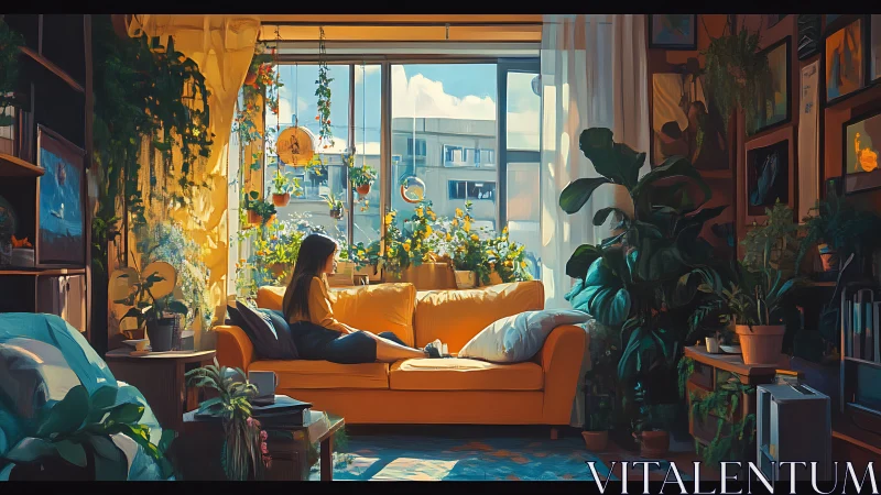 Sunlit plant-filled living room with reflective figure on sofa.