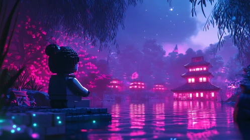 Lego minifigure observes neon-lit pagoda across reflective lake