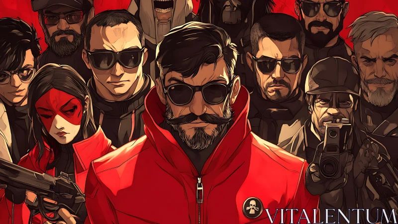 Crimson covert squad in sunglasses and swaggering defiance.