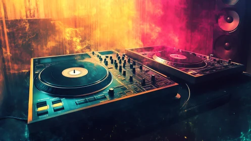 Glowing DJ decks in swirling neon club light haze.