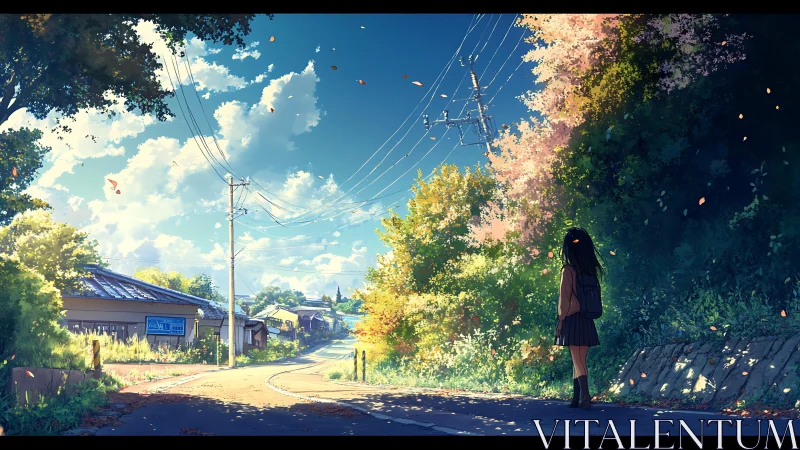 Sunlit rural streetscape with solitary student under drifting leaves.