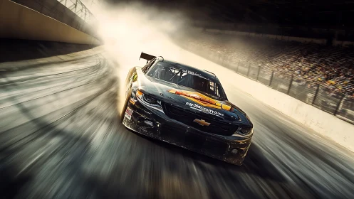 Stock car powers through high-speed oval track cornering.