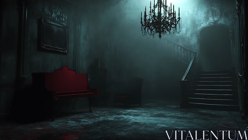 Dark mansion hallway with red bench and grand staircase.