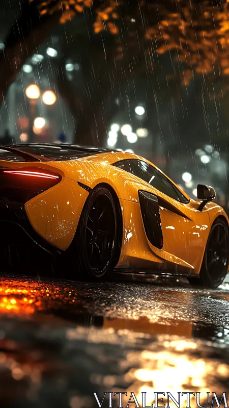 Orange supercar glows against rainy neon city streets at night