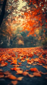 Shallow-depth autumn pathway renders crisp leaf-strewn foreground
