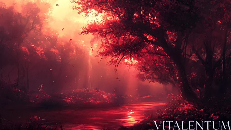 Red forest stream under diffuse backlit canopy at dusk.