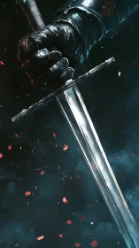 Armored hand gripping sword against dark smoky backdrop.