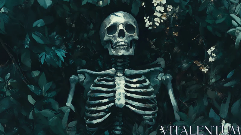 Skeletal remains in dense botanical overgrowth, painterly rendering.