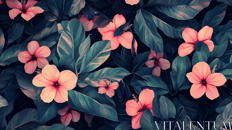 Pink Flowers Against Dark Foliage. Digital Garden Study.