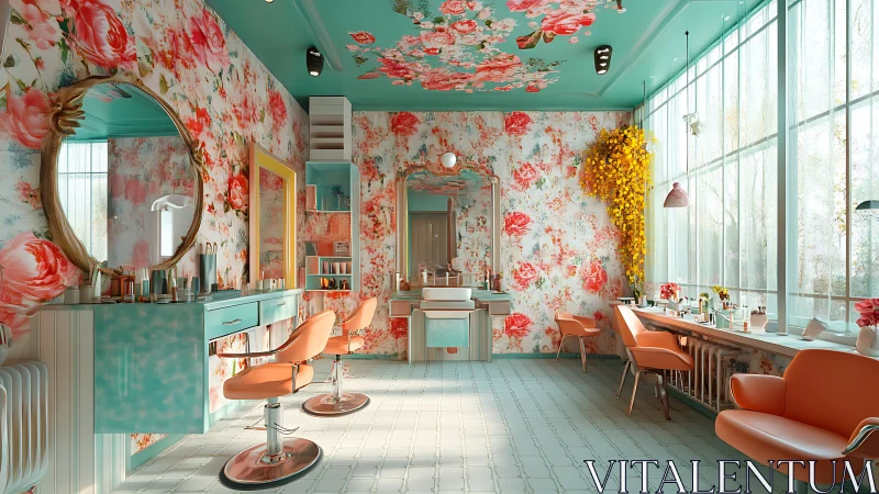 Floral turquoise salon interior with retro glamour details.