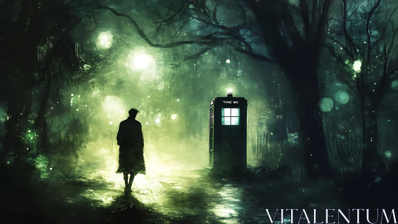 Silhouetted wanderer approaches glowing box in misty forest