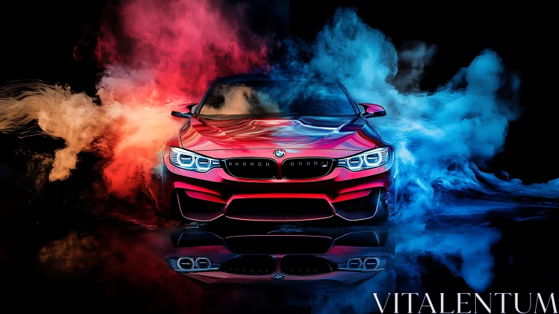 Red performance coupe cuts through neon smoke clouds.