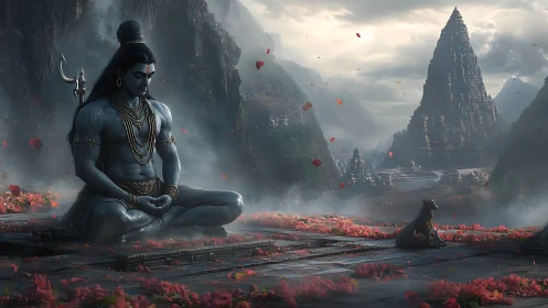Blue-skinned deity meditating on mountain terrace at dawn