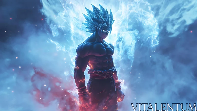 Blue haired anime fighter surrounded by glowing energy