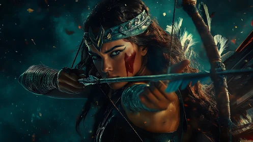 Warrior archer poised in teal embers, cinematic close-up.