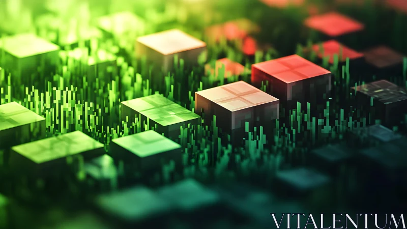 Abstract digital landscape with glowing cubes, pixel art style.
