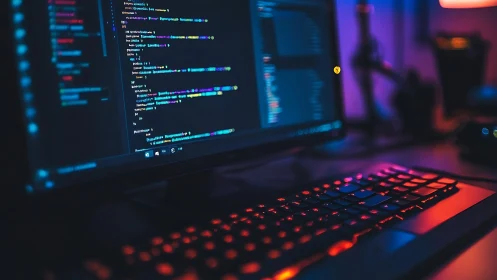 Developer workstation with RGB keyboard in neon code glow.