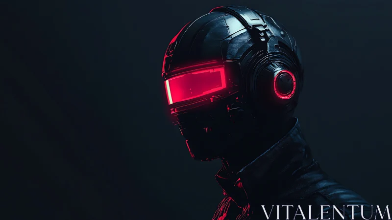 Futuristic cyborg helmet with red visor in dark profile