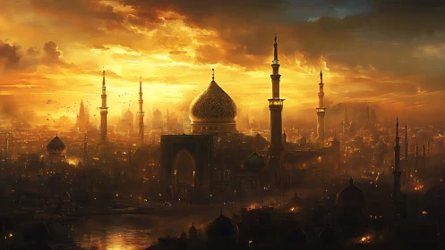 Sunlit domed cityscape with clustered minarets at dusk