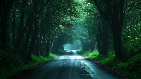 Wet Forest Road Beneath Towering Trees with Ethereal Light