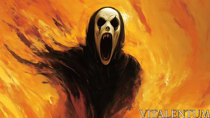 Hooded skull figure emerging from swirling orange flames.