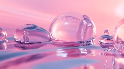 3D macro glass bubbles on liquid surface in pastel light.
