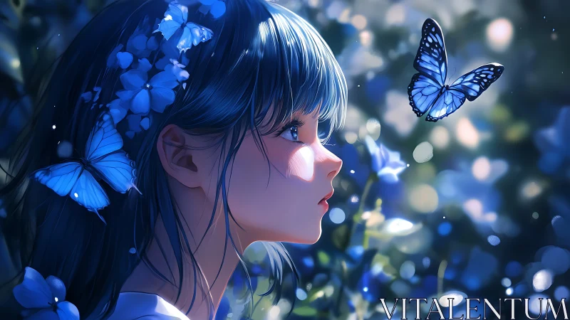 Blue haired anime girl watching glowing butterflies at dusk.