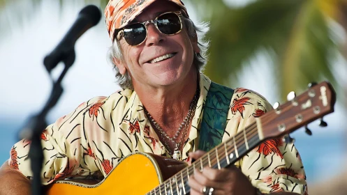 Smiling beach musician plays acoustic guitar in warm sunlight