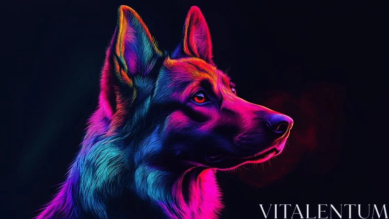 Neon-lit German shepherd portrait in vivid profile view.