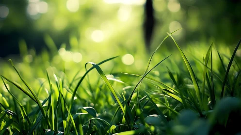 Morning light glows through dewy green grass blades