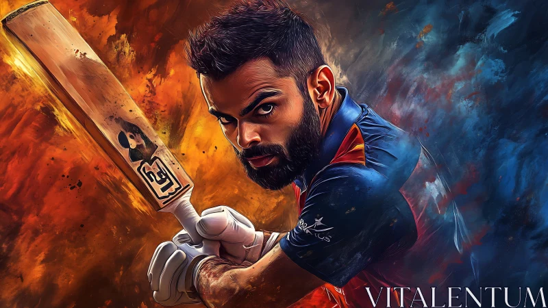 Focused cricket batter poised to strike in vivid colors.