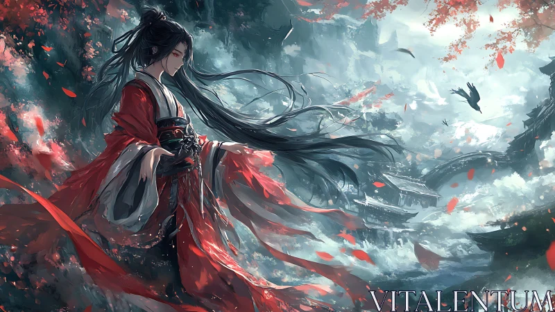 Crimson robed swordswoman amid storm torn sakura winds.