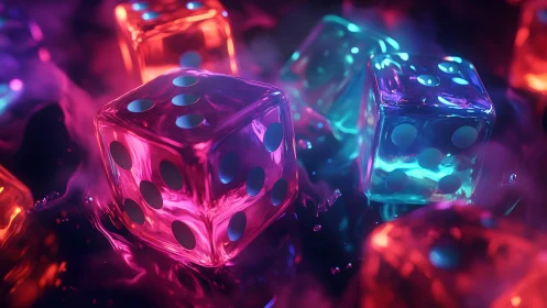 Vibrant Neon Dice in Liquid, Futuristic Digital Art Style.