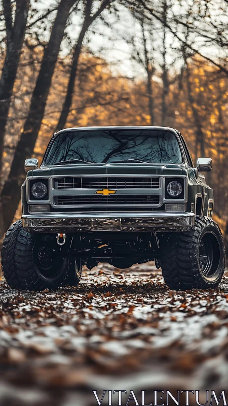 Classic lifted Chevy truck enjoying a crisp autumn forest drive.