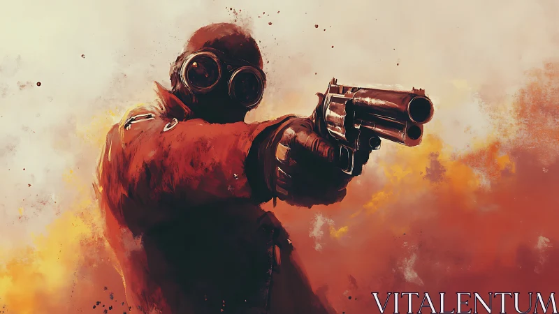 Masked gunman in red coat amidst diffuse orange haze.