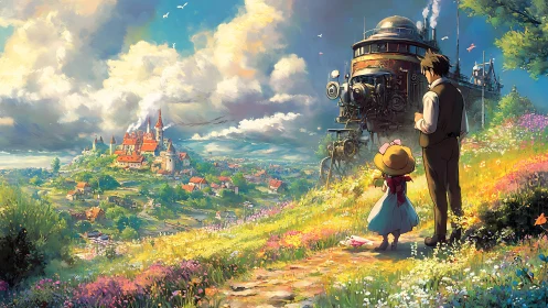 Storybook hillside journey toward a blooming steampunk town.