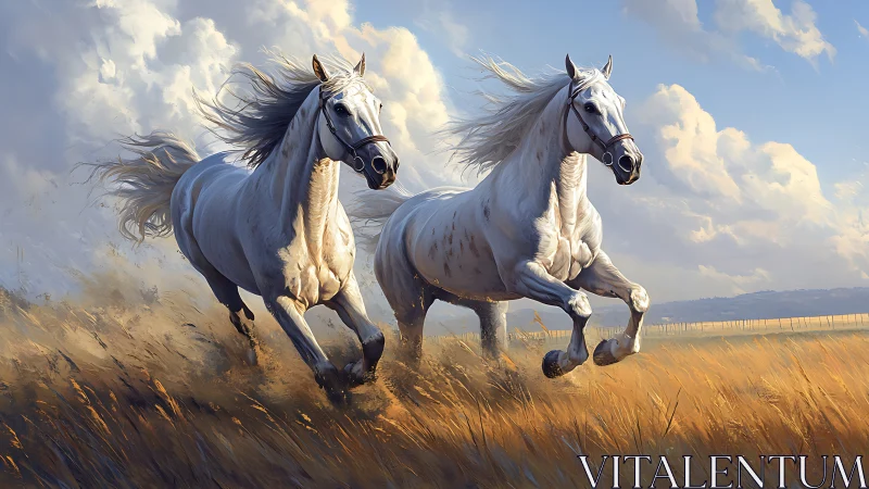 Storm-bred white stallions racing the golden prairie wind.