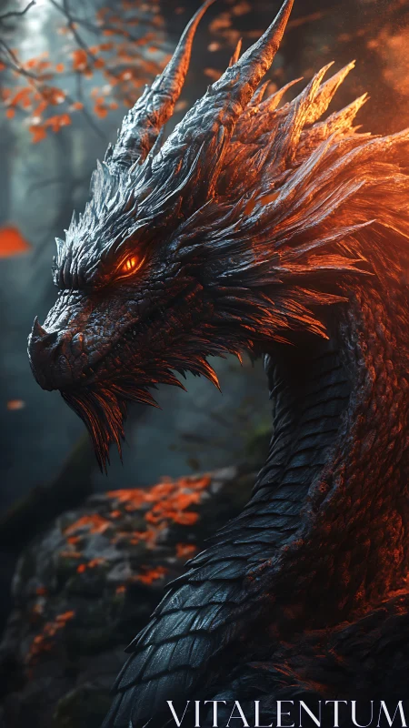 Fiery black dragon profile with glowing eyes in forest
