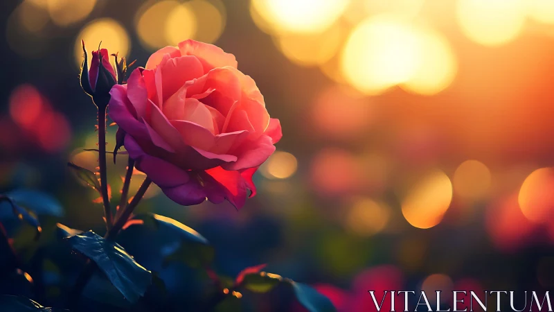 Pink Rose at Golden Hour with Bokeh Backdrop.