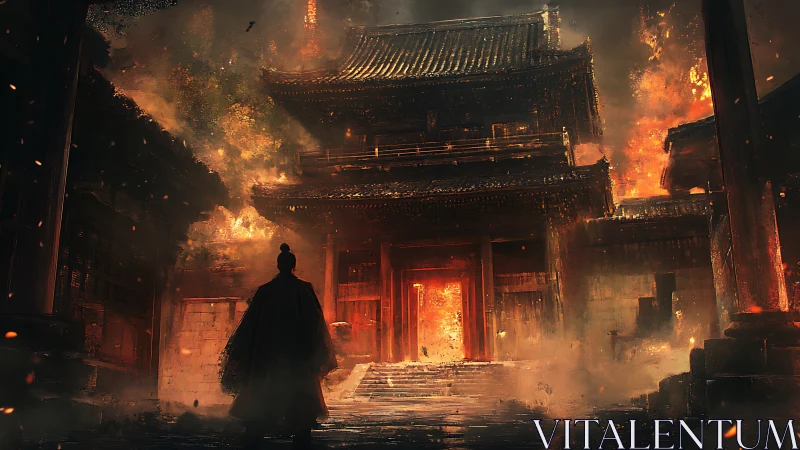 Samurai silhouette before blazing ancient temple gate.