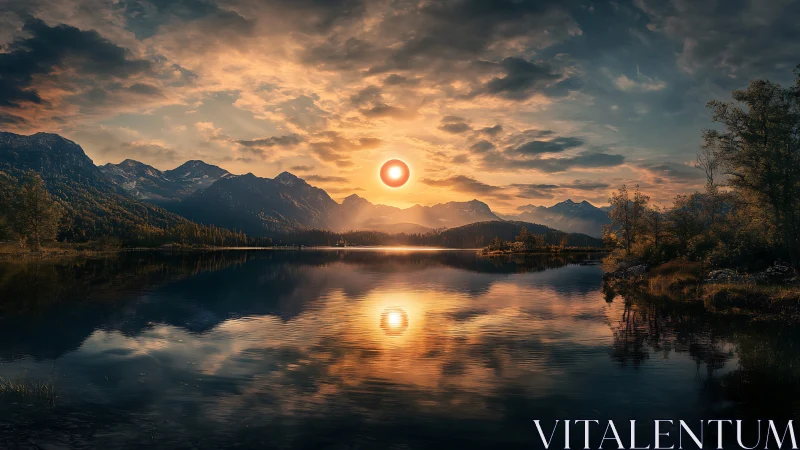 Mountain lake at sunset with solar eclipse reflection.