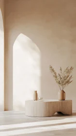 Minimalist beige interior with arched light and sculpted table