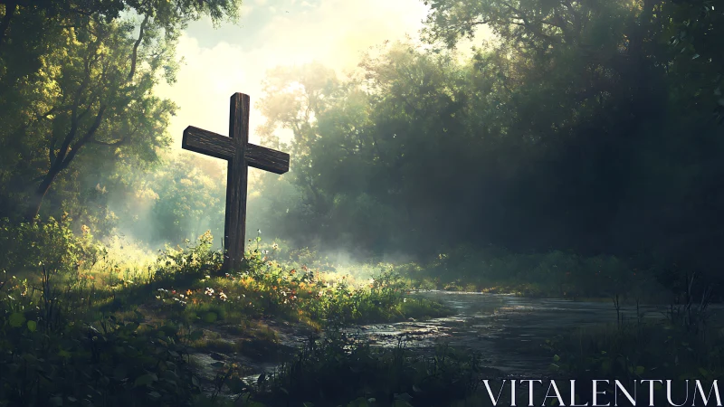 Gentle wooden cross rests in a sunlit forest riverside