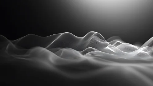 Abstract white digital waves on dark gradient background.