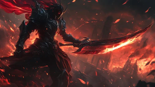 Armored humanoid figure holds flaming blade in ruined city