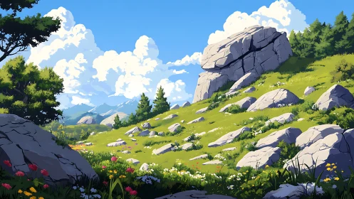 Sunlit alpine meadow with fractured granite outcrops and wildflowers