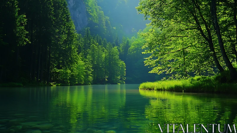 Radiant riparian forest basin with reflective limnological calm.