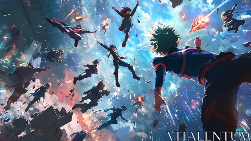 Anime heroes clash midair in explosive sky battle scene.