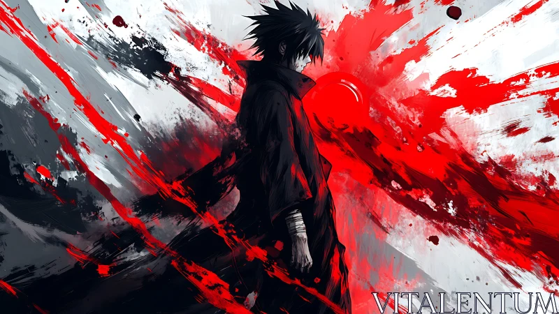 Solitary anime figure amid explosive red and monochrome brushwork